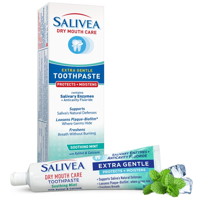 SALIVEA Gentle Toothpaste for Dry Mouth Care, 4.3 oz Tube, Anticavity with Fluoride, Natural Salivary Enzymes, Vitamin E & Aloe Vera, Cleans, Moisturizes & Refreshes Breath, Soothing Mint Flavor - Image 1